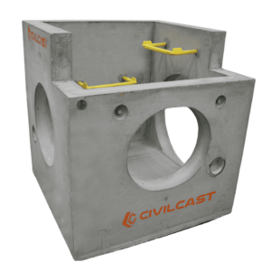 Our Custom Road Pits are precast concrete stormwater pits featuring large circular openings, yellow lifting points, and the Civilcast logo.