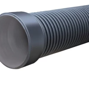 A close-up view of a gray, ribbed, cylindrical plastic pipe with a smooth interior and slightly flared end.