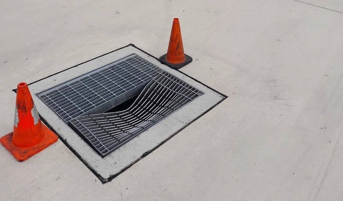 A manhole with orange cones next to it.