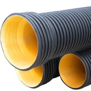 Close-up view of three black corrugated plastic pipes with yellow interiors, stacked and positioned horizontally against a white background.